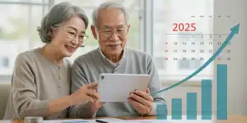 Smiling senior couple reviewing financial projections on a tablet for 2025 retirement income.