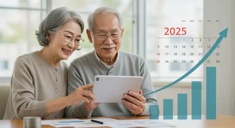Smiling senior couple reviewing financial projections on a tablet for 2025 retirement income.