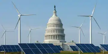Modern energy landscape with wind turbines and solar panels under a clear sky, US Capitol in background, representing carbon reduction legislation.