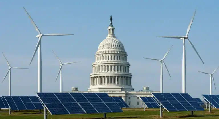 Modern energy landscape with wind turbines and solar panels under a clear sky, US Capitol in background, representing carbon reduction legislation.