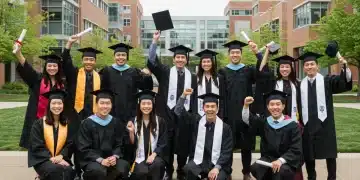 Graduating students celebrating on a university campus, symbolizing successful college completion and future career prospects.
