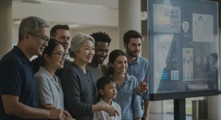 Diverse group reviewing Medicaid eligibility information on a screen.