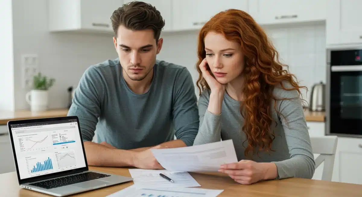 Couple analyzing mortgage statements and financial projections