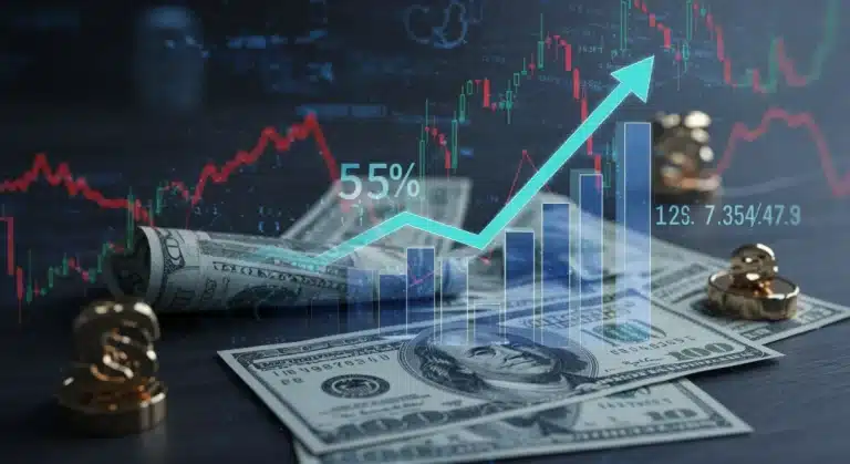 US Treasury bonds with a stable 5% return graph amidst volatile market indicators