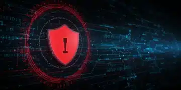 Digital shield protecting network from cybersecurity threat, red alert symbol