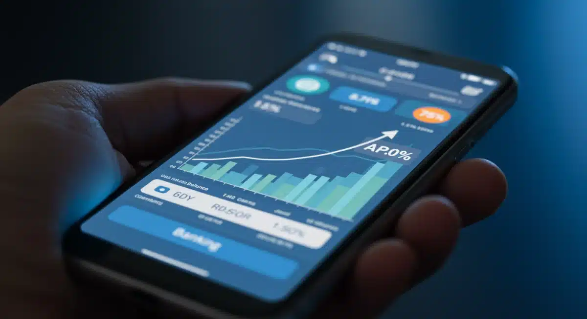 Smartphone displaying a high-yield savings account balance increasing, symbolizing digital banking ease and effective money growth.