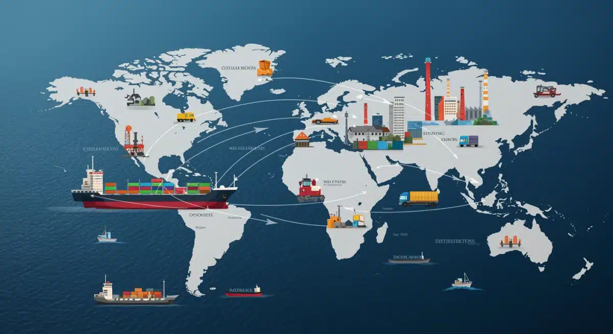 Illustration of global supply chains with bottlenecks, representing disruptions in production and logistics contributing to inflation.