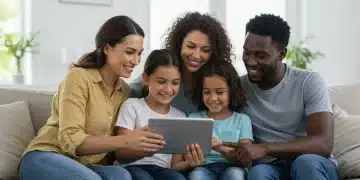 Happy family with two children reviewing financial documents on a tablet, symbolizing the benefits of the 2025 Child Tax Credit.