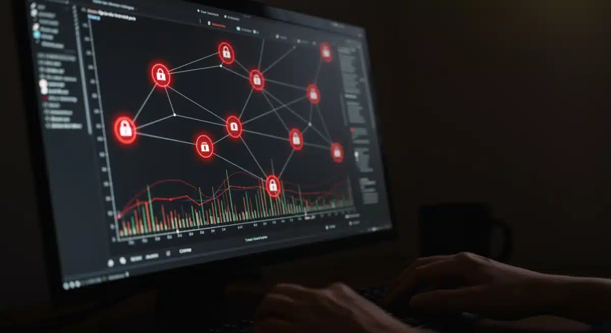Computer screen showing network vulnerabilities, hands typing on keyboard