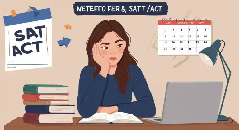 Student studying intently for SAT ACT with a 3-month plan calendar