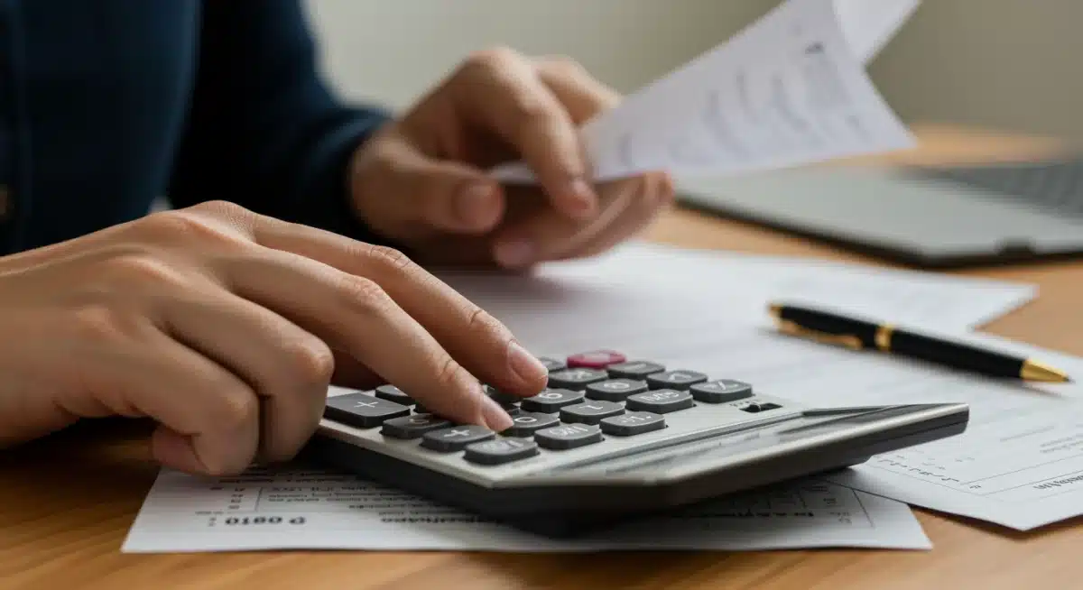 Hand using a calculator with tax forms, representing financial calculations for the 2025 Child Tax Credit.