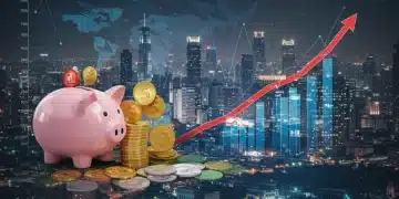Dynamic visual of US economic indicators, inflation graphs, savings, and investment charts for 2025.