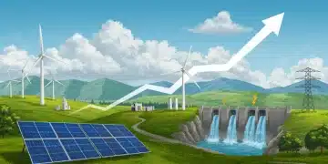 Illustration of a 10% increase in US renewable energy production, showing solar panels and wind turbines