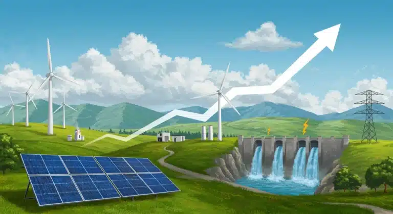 Illustration of a 10% increase in US renewable energy production, showing solar panels and wind turbines