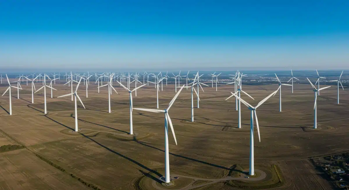 Aerial view of a large wind farm demonstrating renewable energy generation