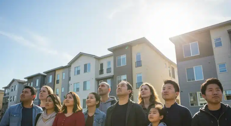 Diverse community looking at new affordable housing complex, symbolizing 2026 housing assistance.