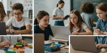 Children learning future-proof skills like coding and collaboration in a modern classroom.