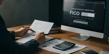 Financial expert reviewing credit report with high FICO score on screen