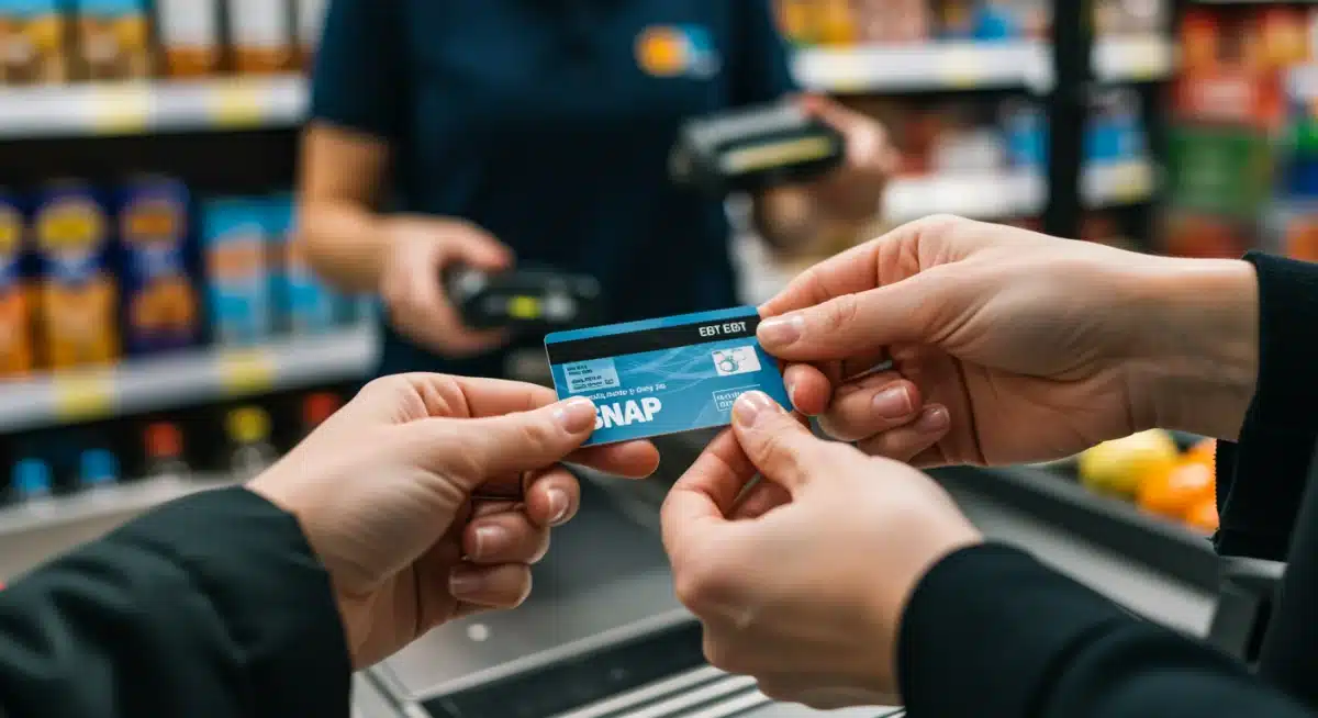 EBT card being used for grocery purchases at a checkout counter
