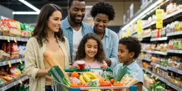 Family happily grocery shopping with full cart after SNAP benefit increase