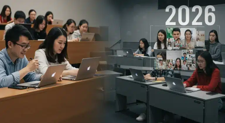 Students engaging in both virtual and traditional university learning environments in 2026