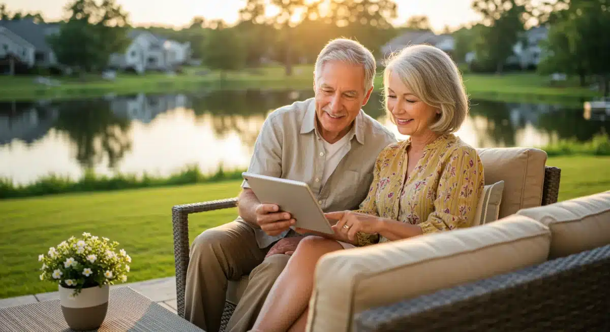 Happy couple planning retirement finances with tablet