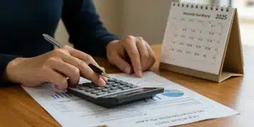 Hands calculating Social Security benefits with 2025 calendar