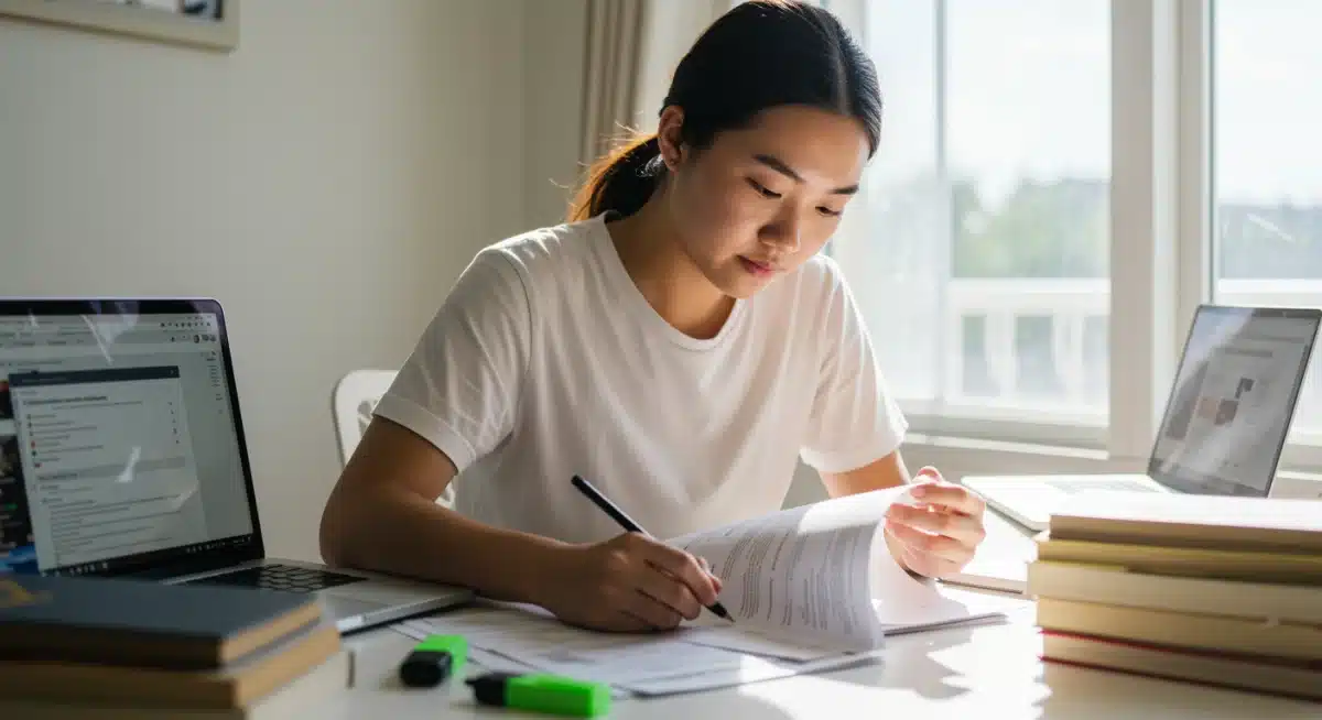 Student organizing scholarship application documents and essays