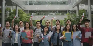 Students celebrating scholarship success with academic symbols and financial aid graphics