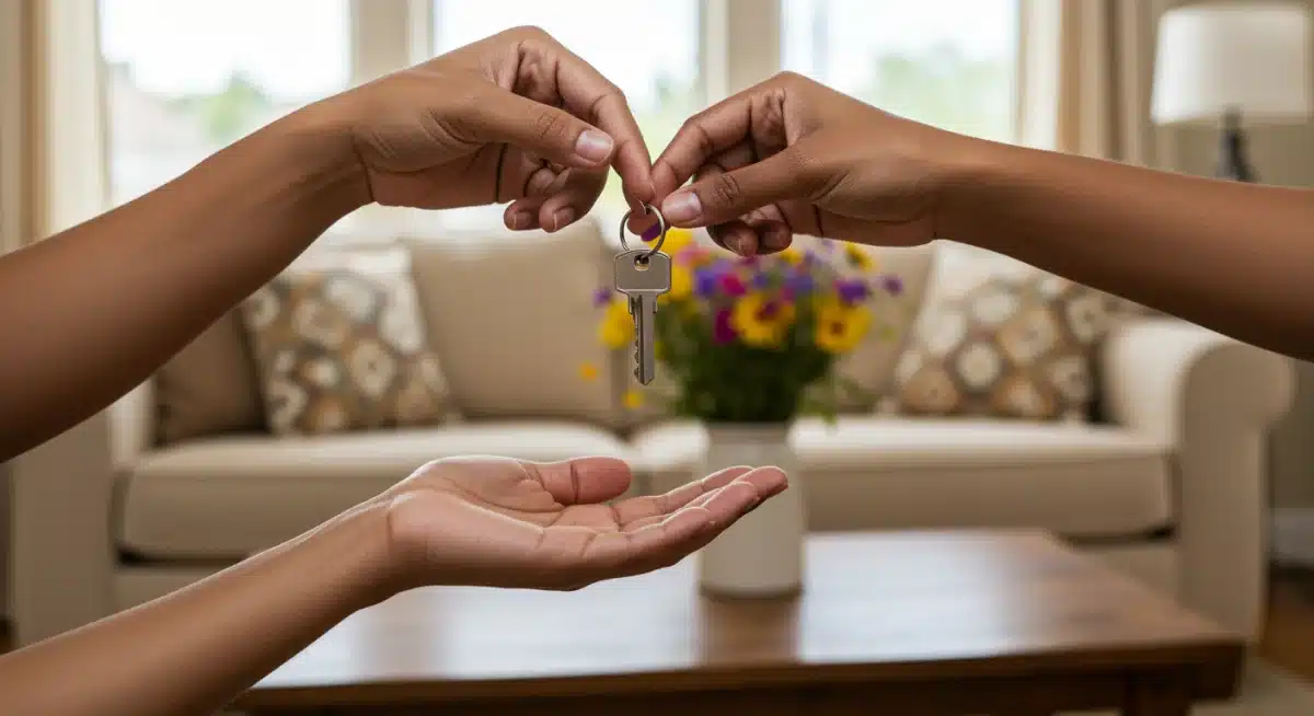 Hands exchanging keys, symbolizing successful housing assistance and new beginnings.