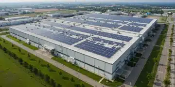 Sustainable U.S. manufacturing facility with solar panels and green infrastructure in 2026