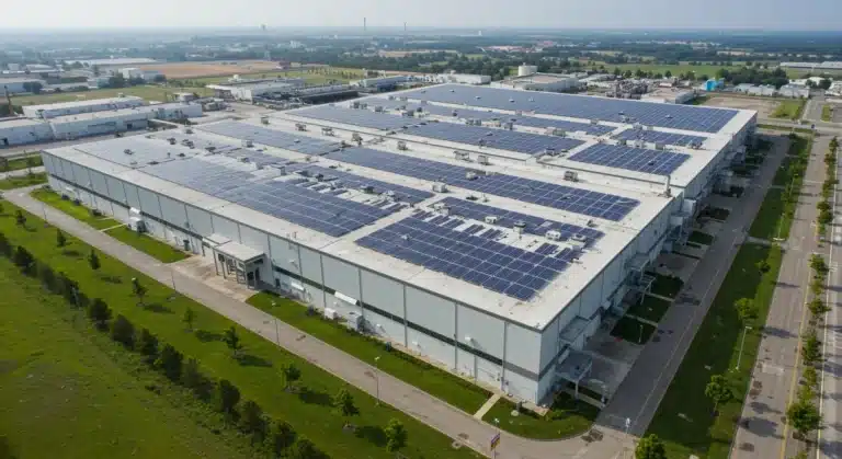 Sustainable U.S. manufacturing facility with solar panels and green infrastructure in 2026