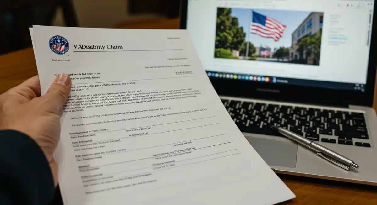 Veteran reviewing VA disability claim documents on a desk with a laptop.