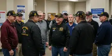 Veterans discussing their benefits at a VA facility, highlighting community support and access to healthcare.