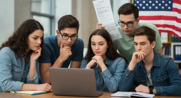 College students reviewing financial aid information on a laptop, representing new federal student aid policies.