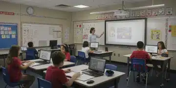 Students using EdTech platforms in a modern US classroom for K-12 learning