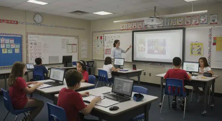 Students using EdTech platforms in a modern US classroom for K-12 learning