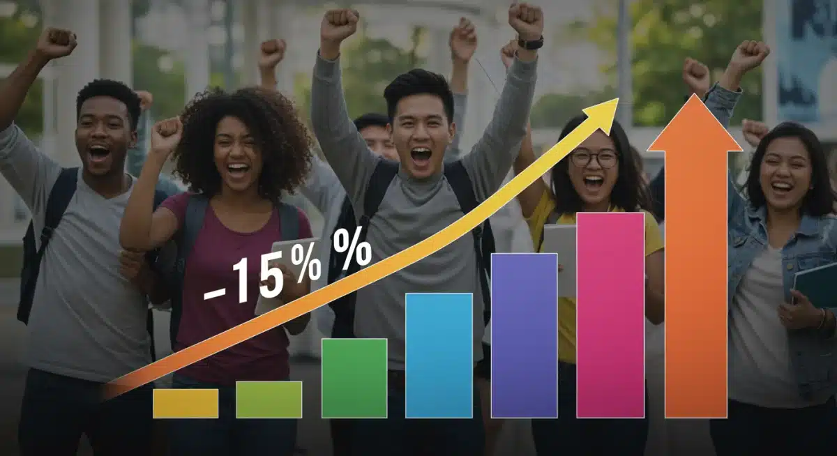 Graphic showing 15% financial aid increase with cheering students.