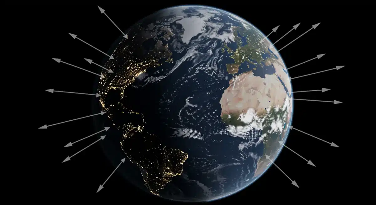 Satellite view of Earth with arrows pointing towards North America, symbolizing global geopolitical pressures.