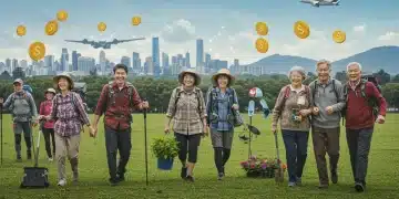 Diverse group enjoying retirement activities with financial planning overlay