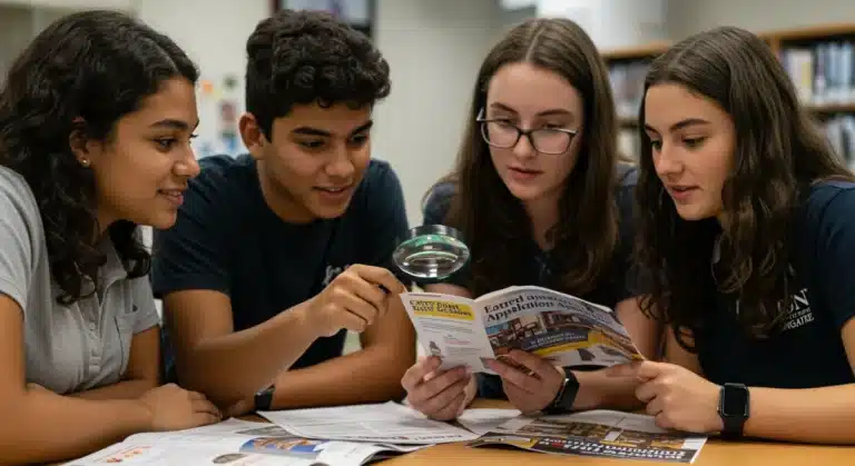 Students reviewing college admissions brochure for early decision 2026