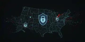 Digital map of the US with global threat indicators and security symbols.