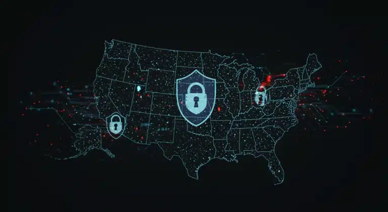 Digital map of the US with global threat indicators and security symbols.