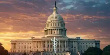 US Capitol with healthcare caduceus, symbolizing ongoing healthcare reform debates in 2026.