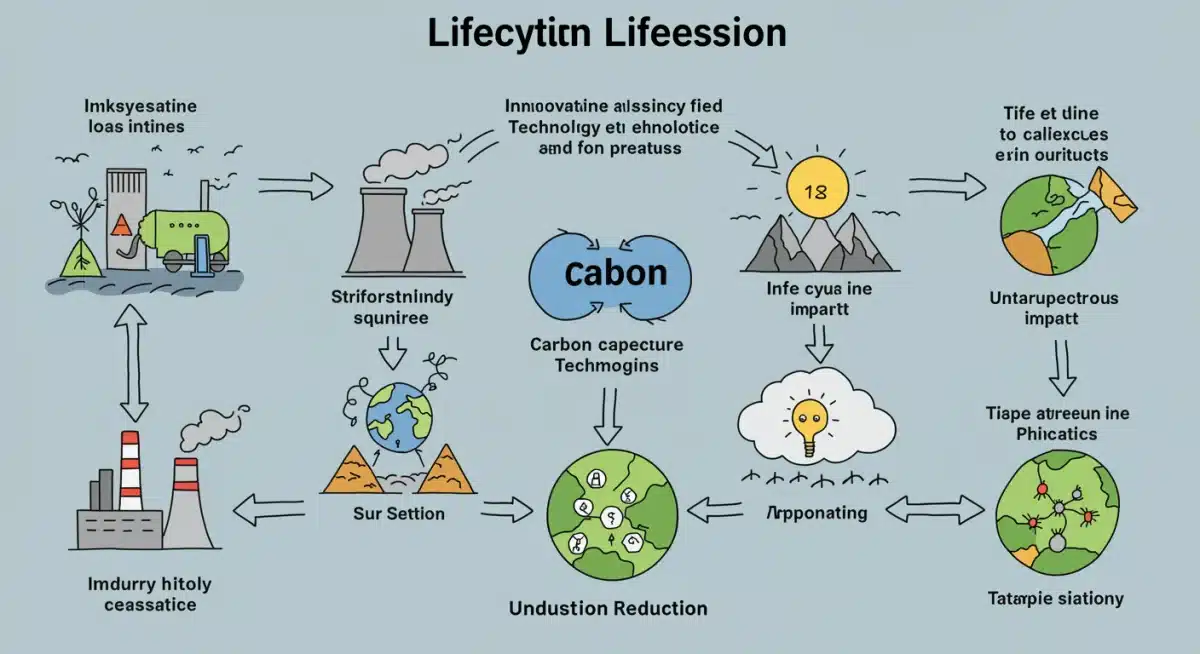Infographic showing carbon emission sources, impact, and capture technologies