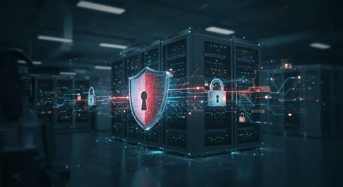 Illustration of a secure data center with glowing servers and protective cybersecurity measures.