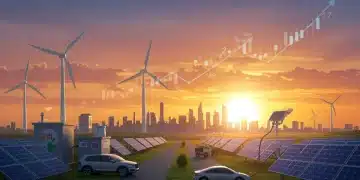Futuristic city powered by green energy, symbolizing investment growth and sustainability.