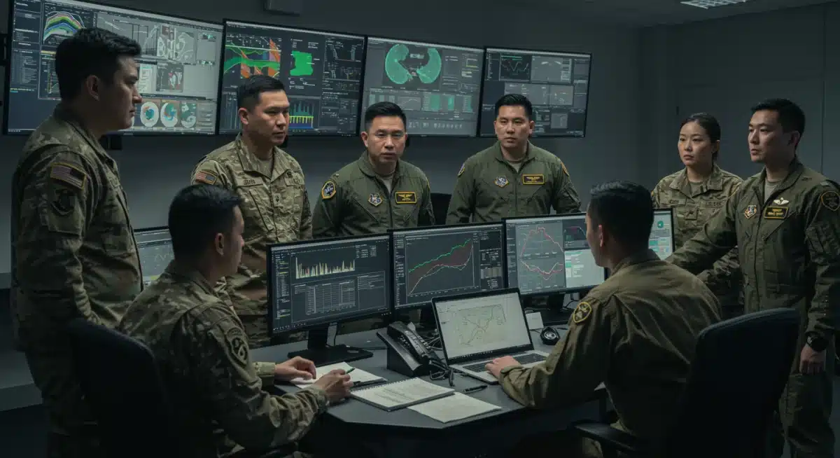 Military personnel collaborating in a high-tech command center, analyzing intelligence and strategic defense projections.