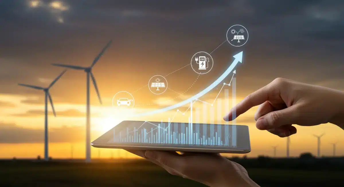 Financial chart showing growth in renewable energy investments, with technology icons.