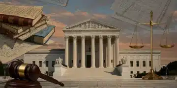 Supreme Court building with scales of justice and legal documents, symbolizing crucial 2026 docket cases and national impact